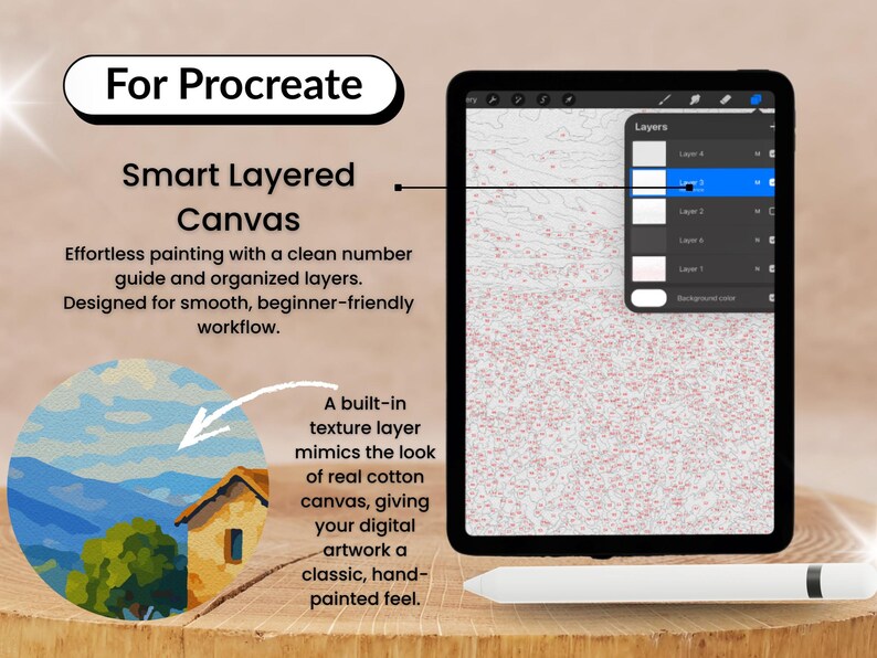 May include: An image promoting Procreate digital art software, featuring a tablet with a stylus and a layered canvas interface. The text highlights features like a clean number guide and a built-in texture layer for a hand-painted feel.