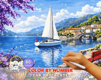 Mediterranean Sailboat Paint by Number for Procreate – Coastal Village Lake Landscape | Digital Download