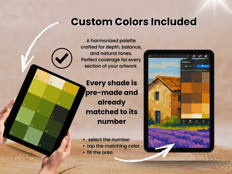 May include: Two tablets showing digital art and colour palettes. One tablet displays a green colour palette with numbered squares. The other shows a painting of a house and lavender field. Text reads "Custom Colours Included."