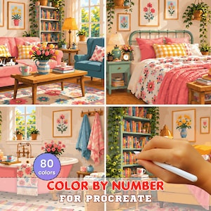 May include: A digital color by number set for Procreate featuring four interior scenes: a pink sofa living room, a floral bedroom, a pink bathtub bathroom, and a bookshelf. The image includes a hand holding a stylus and text reading 80 colors.