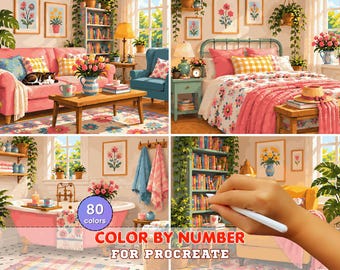 Cozy Coloring Page for Procreate, Digital Paint by Number, Cottage Rooms with Cats, 80 Colors