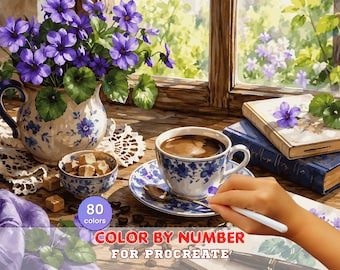 Violet Tea Time Paint by Number – Cozy Floral Coffee Books Scene (Digital Download)