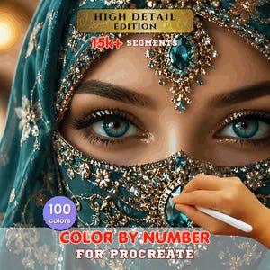 May include: A digital colour by number illustration for Procreate featuring a close-up of eyes and a face covered by a teal veil adorned with intricate gold and blue gemstone patterns. Text reads HIGH DETAIL EDITION, 15k+ SEGMENTS, 100 colours.