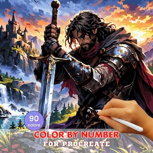 May include: Digital paint-by-number artwork featuring a medieval knight holding a sword, with a castle in the background. The image has a vibrant color palette and includes the text "COLOR BY NUMBER FOR PROCREATE" and "90 colors".