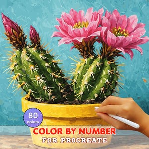 Blooming Cactus Paint by Number for Procreate – Colorful Desert Plant in Pot | Digital Download