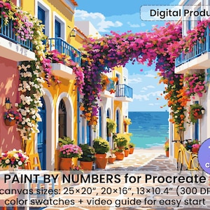 Puede incluir: Imagen digital de una colorida escena callejera con edificios rosas, amarillos y azules. Flores de buganvillas caen de los balcones. Texto: "PAINT BY NUMBERS for Procreate" con tamaños de lienzo e información de color.