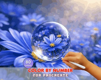 Blue Daisy Dew Drop Paint by Number for Procreate – Macro Floral Reflection | Digital Download