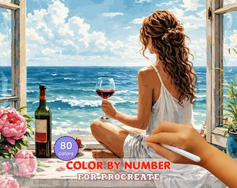 Woman by Sea Paint by Numbers for Procreate – Romantic Ocean View Art (Digital Download)
