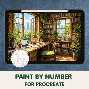 Puede incluir: Una tableta digital que muestra una ilustración de pintura por números de una oficina soleada con escritorio de madera, estanterías y plantas, con una muestra circular de colores y el texto Paint By Number For Procreate.