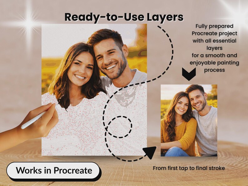 May include: Digital art project with the text "Ready-to-Use Layers" and "Works in Procreate". The image shows a couple smiling, with a hand holding a stylus, and a smaller image of the couple. The text says "From first tap to final stroke".