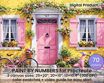 Procreate用ピンクのコテージドアの塗り絵 – 魅力的なストリートアート | デジタルダウンロード