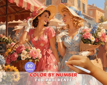 Flower Market Friends Paint by Number for Procreate – Vintage Floral Fashion Scene | Digital Download
