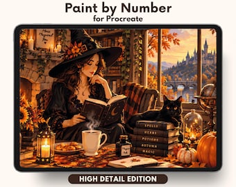 Cozy Witch Reading Paint by Number for Procreate – Autumn Magic & Black Cat | Digital Download