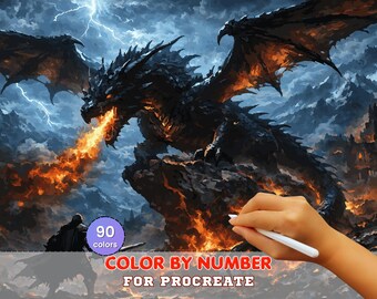 Epic Dragon Battle Paint by Number for Procreate – Dark Fantasy Fire Art | Digital Download