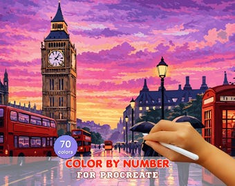 London Sunset Paint by Number for Procreate – Big Ben Cityscape Art | Digital Download