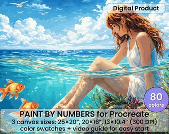 Procreate用海の風景ペイントバイナンバー – 女性、金魚（デジタルダウンロード）