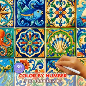 以下が含まれることがあります： Procreate用のデジタル数字塗り絵セット。コンパスローズ、魚、タコ、貝殻、カメ、ヨット、花柄などの航海や花をモチーフにした12枚の正方形タイルが含まれており、80色のカラーバッジが付いています。