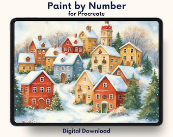 Winter Village Procreate Paint by Number | Christmas Digital Coloring Template
