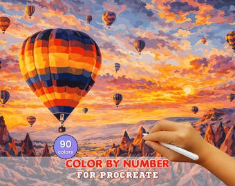 Hot Air Balloons Paint by Number for Procreate – Sunset Sky Adventure | Digital Download