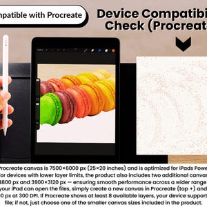 May include: Digital art tutorial for Procreate, featuring a tablet displaying colorful macarons, a stylus, and text: "Compatible with Procreate" and "Device Compatibility Check (Procreate)." The main canvas size is 63.5 x 50.8 cm.