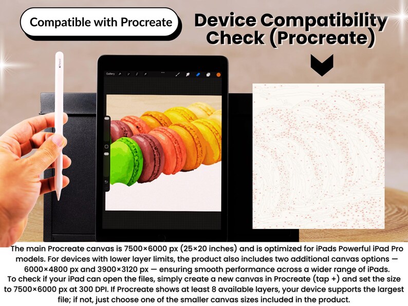 May include: Digital art tutorial for Procreate, featuring a tablet displaying colorful macarons, a stylus, and text: "Compatible with Procreate" and "Device Compatibility Check (Procreate)." The main canvas size is 63.5 x 50.8 cm.