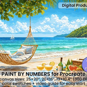 May include: Digital product image of a beach scene with a hammock, surfboard, and picnic. The text "PAINT BY NUMBERS for Procreate" is displayed, along with canvas sizes of 63.5x50.8 cm, 50.8x40.6 cm, and 33x26.4 cm. The image has 70 colours.