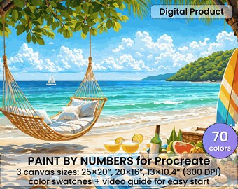 Procreate用トロピカルビーチペイントバイナンバー - リラックスできる海辺 | デジタルダウンロード