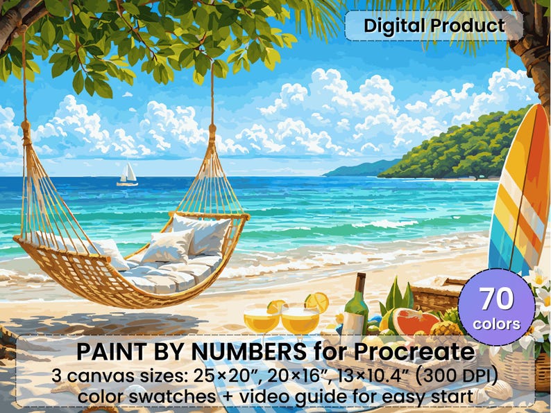May include: Digital product image of a beach scene with a hammock, surfboard, and picnic. The text "PAINT BY NUMBERS for Procreate" is displayed, along with canvas sizes of 63.5x50.8 cm, 50.8x40.6 cm, and 33x26.4 cm. The image has 70 colours.
