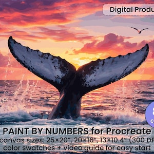 May include: Digital product: A digital painting of a whale's tail emerging from the ocean at sunset. The image includes text that says "PAINT BY NUMBERS for Procreate" and lists canvas sizes in inches. The image has 80 colors.