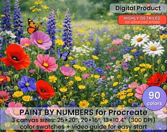 ワイルドフラワーメドウの数字塗り絵（Procreate用）、花の春アート（デジタルダウンロード）