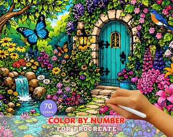 Secret Garden Door Paint by Number for Procreate – Enchanted Floral Cottage Path | Digital Download