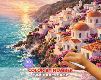 Santorini Cliffside Paint by Number for Procreate – Sunset Mediterranean Seascape | Digital Download