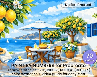 地中海のレモンテラスの塗り絵（Procreate用）- 晴れた海岸の風景 | デジタルダウンロード