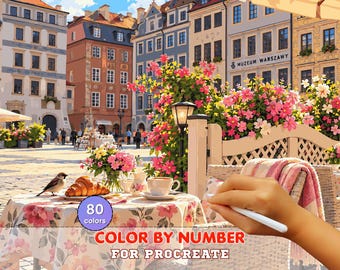 Cozy Cafe Coloring Page for Procreate, Warsaw Paint by Number, Digital Download, 80 Colors