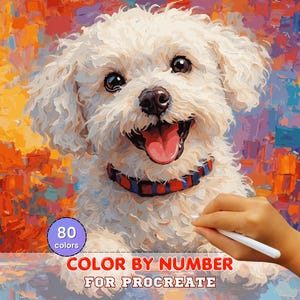 May include: A digital painting of a happy white dog with a red collar, tongue out, and a colorful abstract background. The image includes the text "COLOR BY NUMBER FOR PROCREATE" and a circle with the number "80 colors".