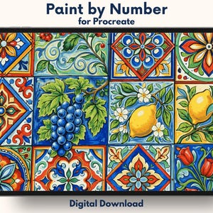 May include: A tablet screen displaying a digital paint by number design featuring a grid of colorful tiles with patterns of grapes, lemons, flowers, and geometric shapes. The text Paint by Number for Procreate and Digital Download is visible.