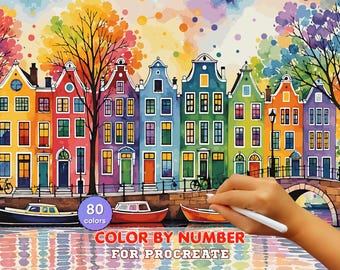 Colorful Amsterdam Canal Houses Paint by Number for Procreate – Vibrant Cityscape | Digital Download