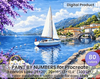 地中海の帆船を描いた数字塗り絵（Procreate用）- 沿岸の村と湖の風景 | デジタルダウンロード