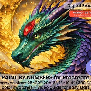 Op de afbeelding: Digitaal product met een gedetailleerde illustratie van een draak met groene, paarse en rode accenten. De afbeelding bevat de tekst "PAINT BY NUMBERS for Procreate" en geeft canvasmaten in centimeters weer. De afbeelding heeft 90 kleuren.