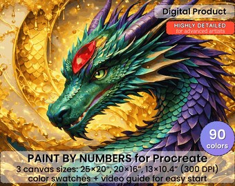 Emerald Dragon with Ruby Crown Paint by Number for Procreate – Fantasy Art | Digital Download