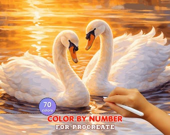 Romantic Swans Sunset Paint by Number Procreate – Golden Lake Scene (Digital Download)