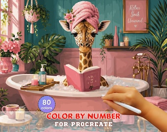 Spa Giraffe Paint by Number for Procreate – Funny Self Care Bathroom Scene | Digital Download