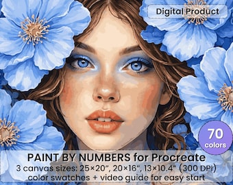 Blue Floral Portrait Paint by Number for Procreate – Romantic Face Art | Digital Download
