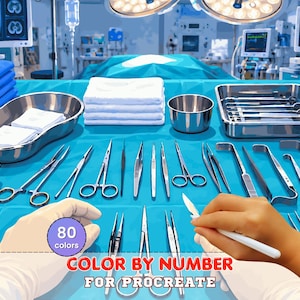 May include: A digital color by number illustration for Procreate featuring a surgical operating room scene. The image displays a sterile blue table with various stainless steel surgical instruments, gauze pads, and medical equipment in the background.
