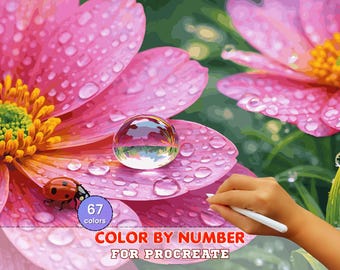 Dewy Pink Flower Paint by Number for Procreate – Soft Botanical Mood | Digital Download