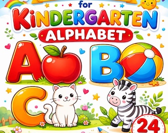 幼稚園の塗り絵 – アルファベットの塗り絵、ABC学習塗り絵、24ページの印刷可能なPDF