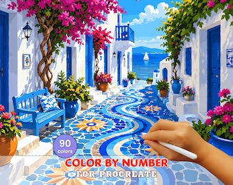 Greek Coastal Street Paint by Number for Procreate – Mediterranean Blue Alley Scene | Digital Download