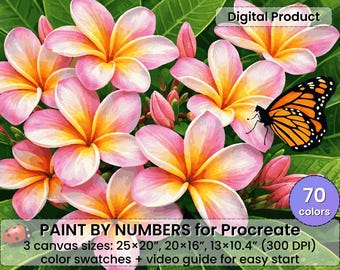 プルメリアの花の塗り絵（Procreate用） – トロピカルな花と蝶のアート | デジタルダウンロード