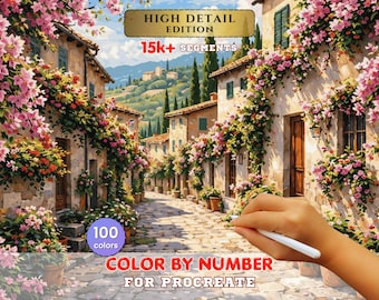 Blooming Tuscan Village Paint by Number for Procreate – Flower Covered Italian Street | Digital Download