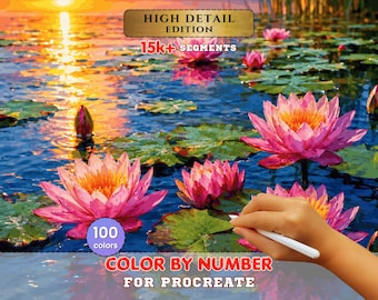 Pink Water Lilies Paint by Number for Procreate – Sunset Lotus Pond Reflection | Digital Download